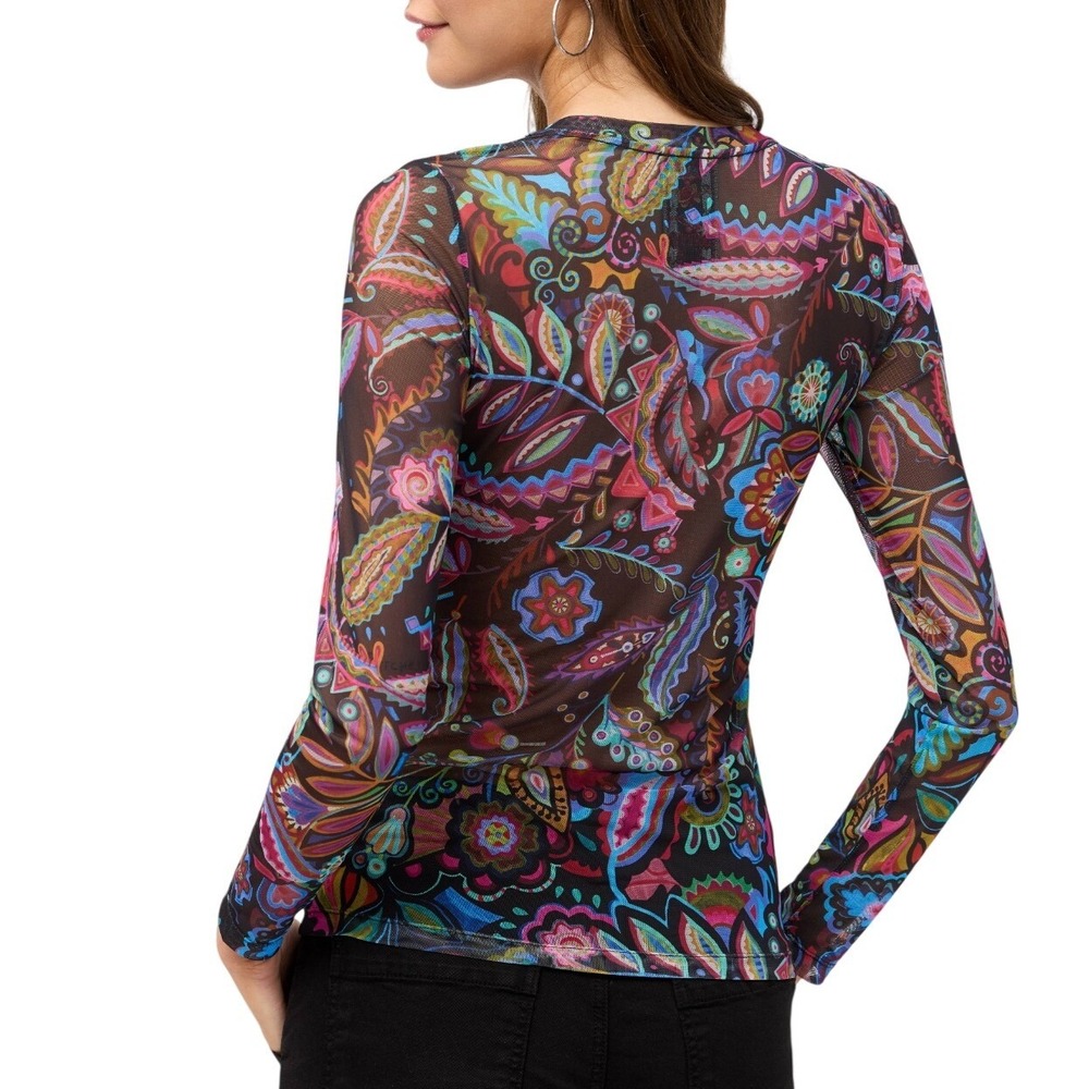 Johnny Was Silvana Multicolor V-Neck Long Sleeve Mesh Tee Floral Paisley New XL - Picture 4 of 6